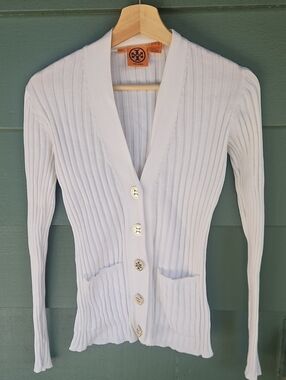 Tory Burch white ribbed cardigan